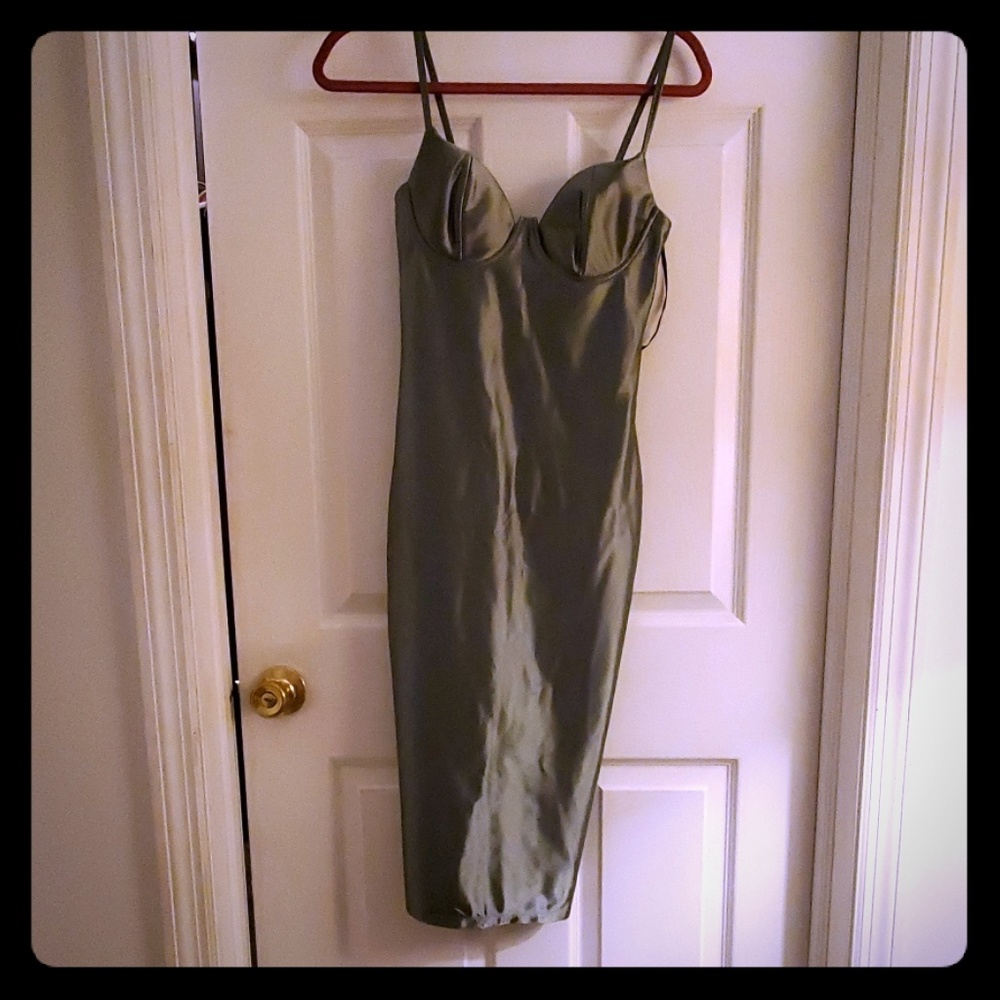 Silver gray stretch satin pencil dress